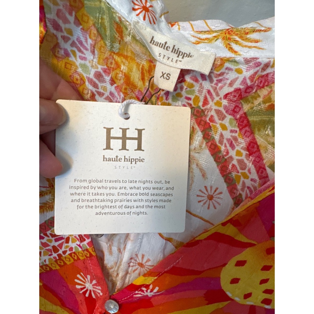 Haute Hippie LS Crop Top Vibrant Button Up Tie Shirt colorful‎ patchwork  NWT - Picture 3 of 8